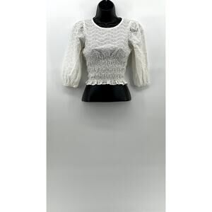 SO Women's White Floral Eyelet Smocked Crewneck Long Sleeve Cropped Top SZ XS